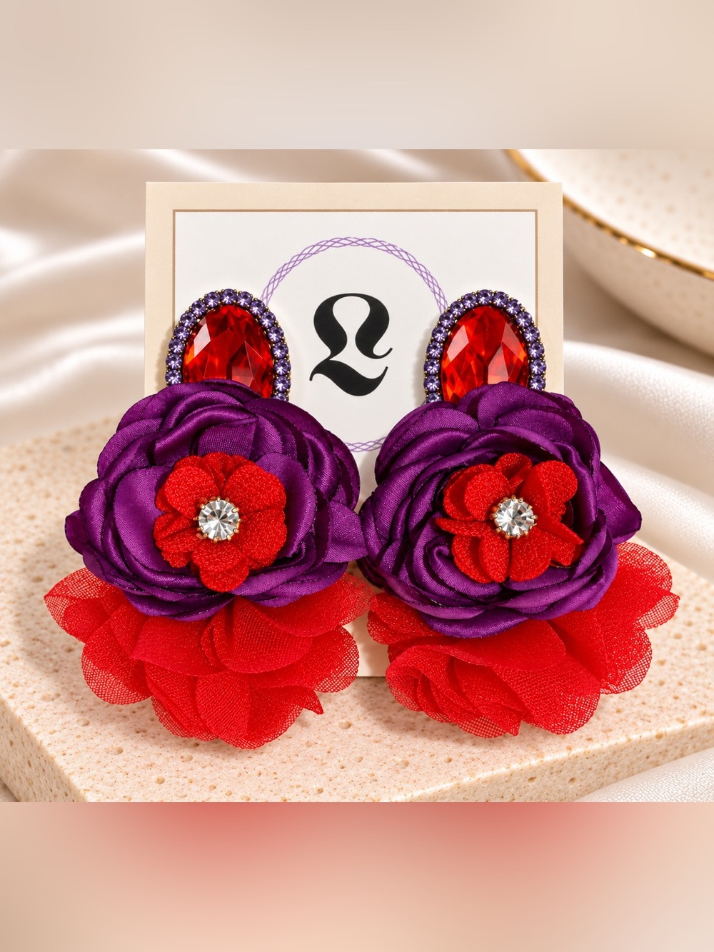 Bold Purple & Red Floral Drop Earrings with Crystal Centers
